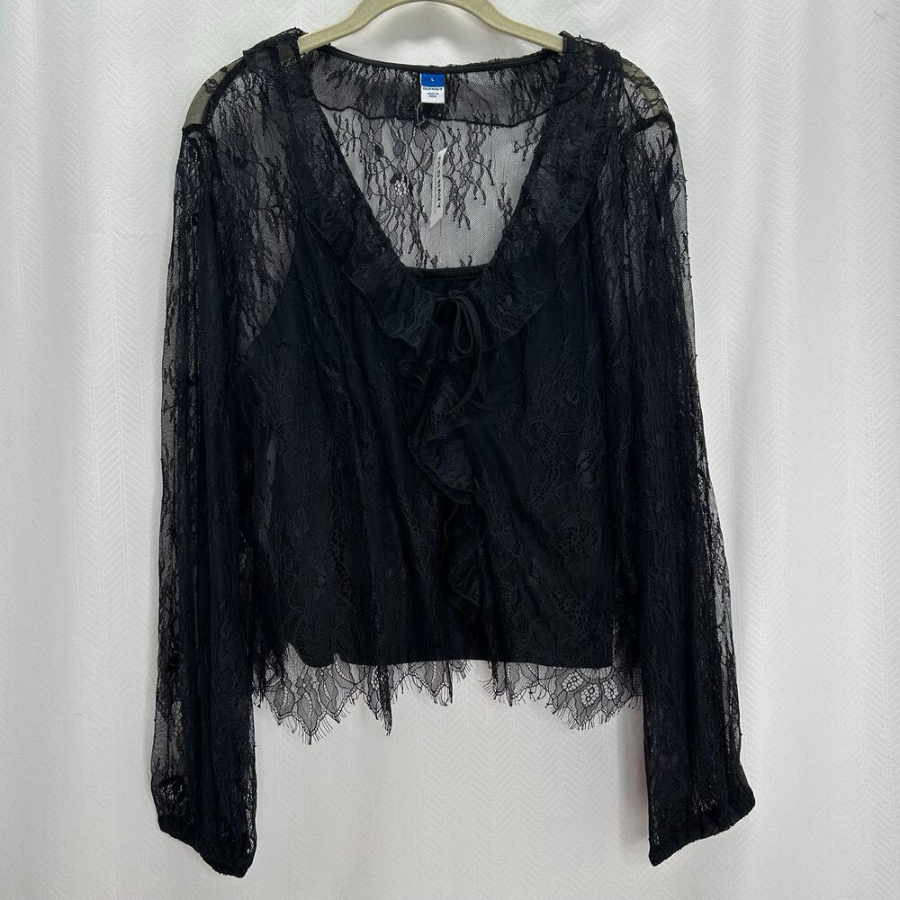 Old Navy black lace top Large sheer long sleeve witch gothic grunge Halloween